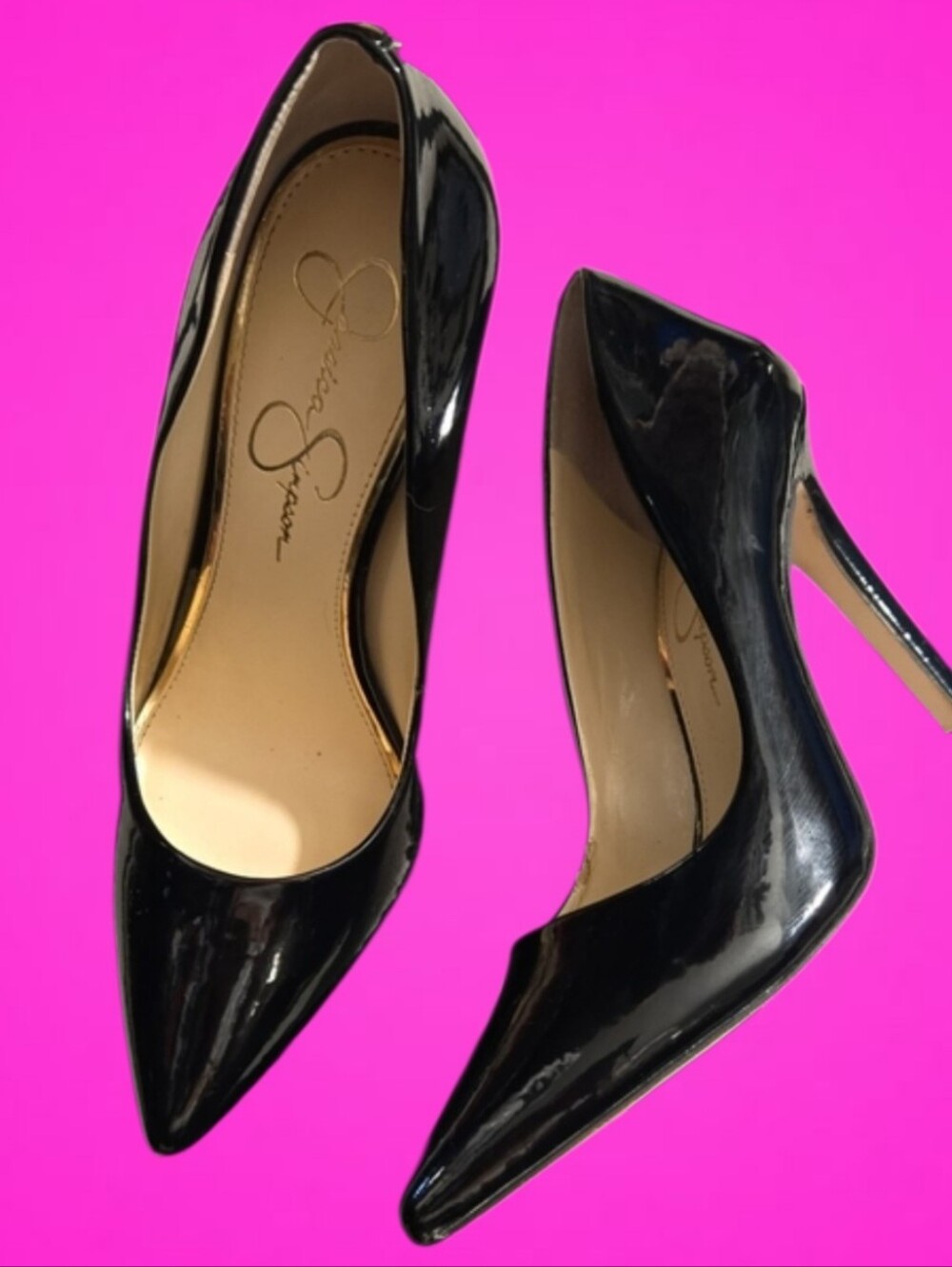 Jessica Simpson Black Patent Pointed Pumps with Stiletto Heel